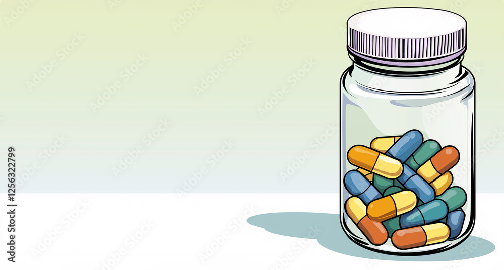 Bottle with colorful capsules on table, copy space, health concept Bottle with colorful capsules on table, copy space, health concept