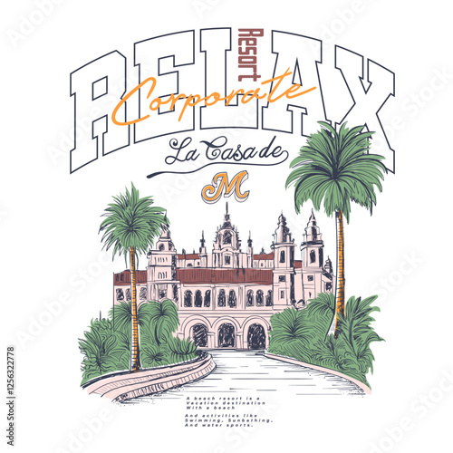Hand drawn resort beach print design. spring summer t shirt design. sunset design. tropical summer paradise.  hand drawn palm tree with big waves sunset print . vintage retro fashion. girls graphics.