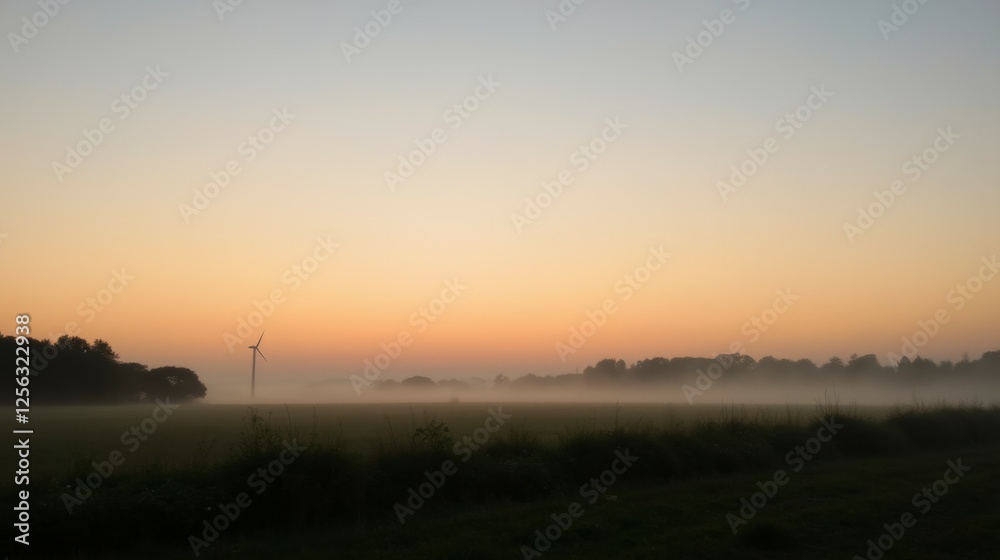 Serene Sunrise Over Foggy Field with Wind Turbine Silhouette