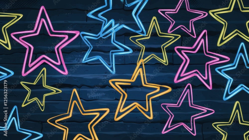 A vibrant display of neon star shapes in pink, blue, yellow, and orange against a dark wooden background creates a whimsical and festive atmosphere. A vibrant display of neon star shapes in pink, blue, yellow, and orange against a dark wooden background creates a whimsical and festive atmosphere.