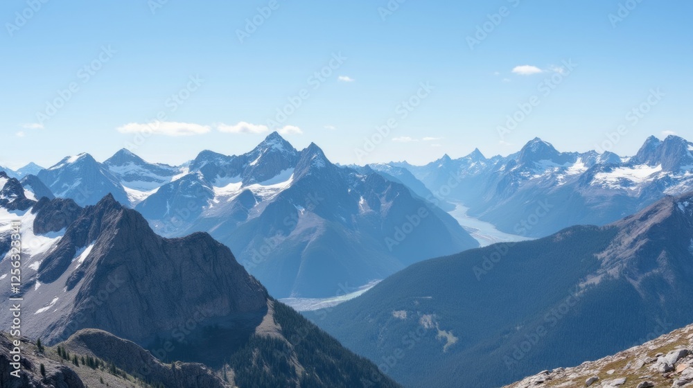 Majestic Mountain Range Under Clear Blue Sky with Snow-Capped Peaks Majestic Mountain Range Under Clear Blue Sky with Snow-Capped Peaks
