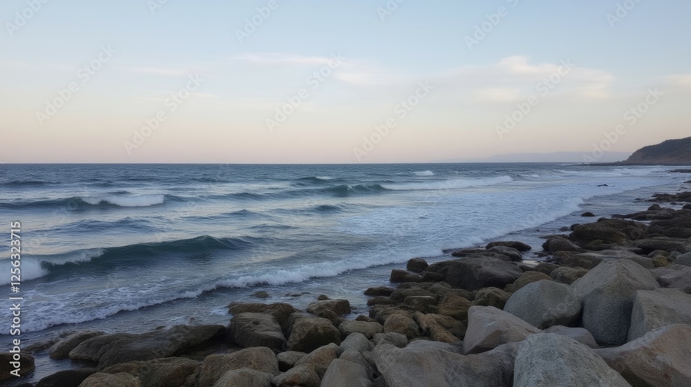 Serene Coastal Landscape with Gentle Waves and Rocky Shoreline