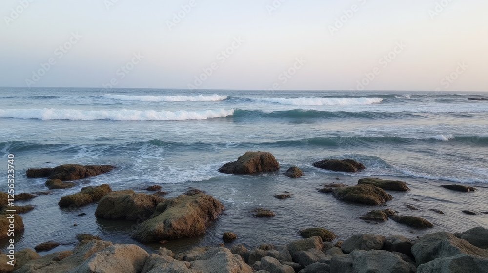 Serene Coastal Landscape with Gentle Waves and Rocky Shoreline Serene Coastal Landscape with Gentle Waves and Rocky Shoreline