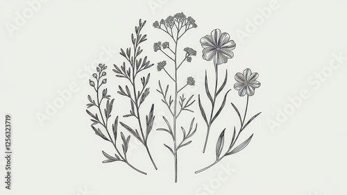 Wallpaper Mural A delicate botanical illustration featuring various detailed sketches of flowering plants and herbs in monochrome. Torontodigital.ca