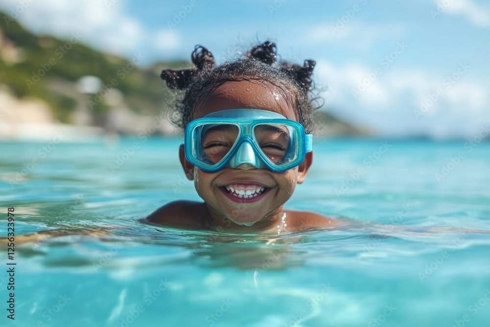Naklejka premium Portrait of a smiling child wearing a diving mask swimming in turquoise tropical sea water on summer vacation