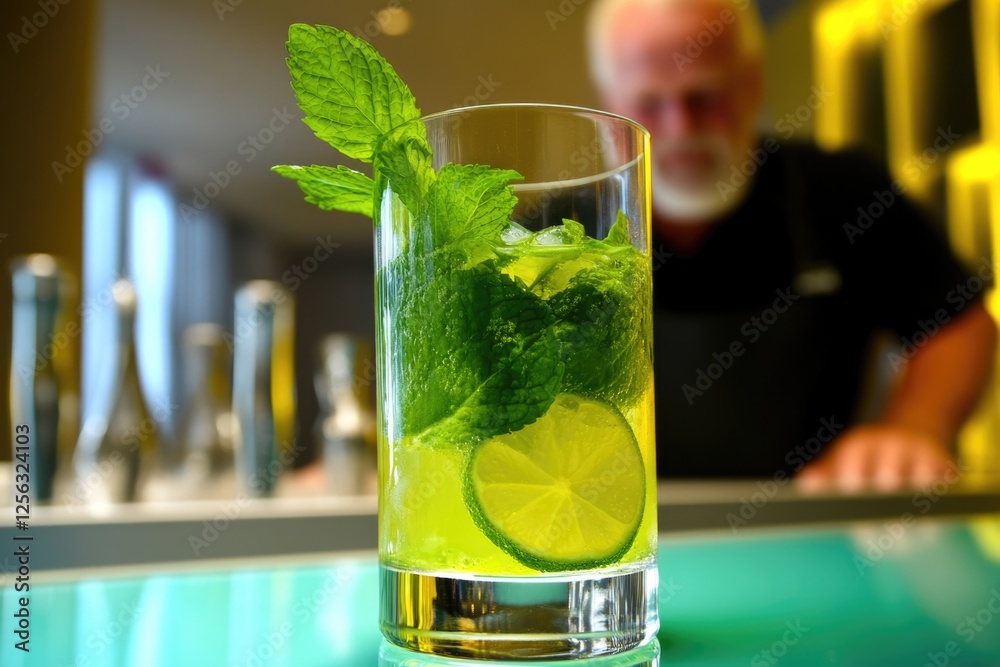 Refreshing mint mojito cocktail in glass with lime garnish on modern bar counter Refreshing mint mojito cocktail in glass with lime garnish on modern bar counter