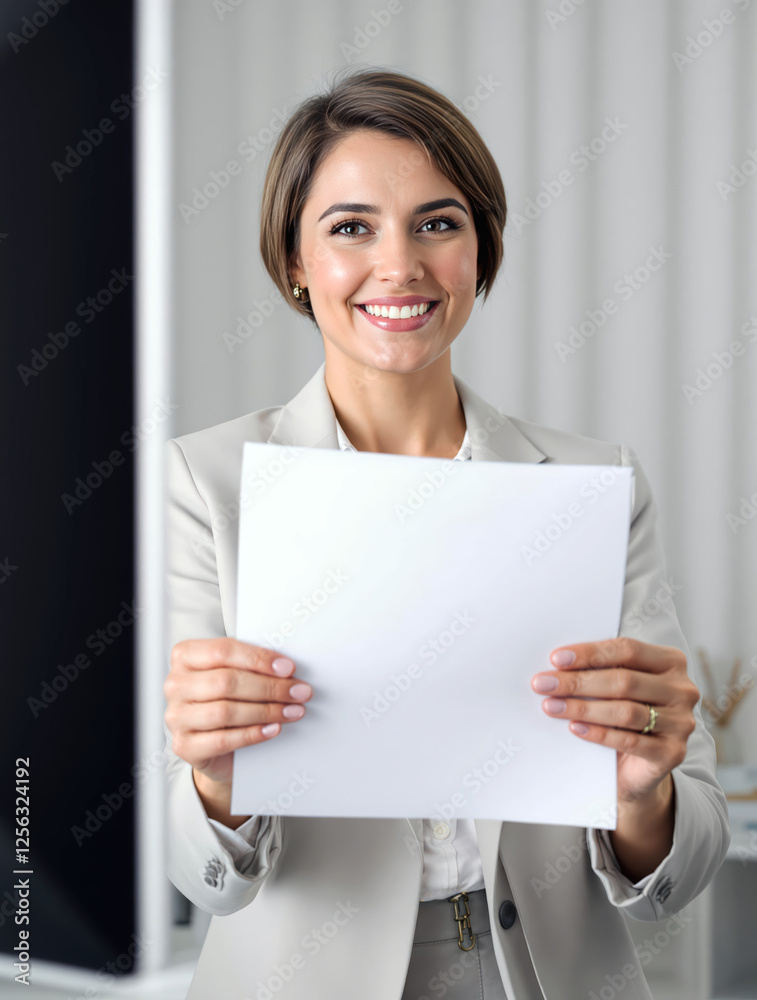 Modern Businesswoman Holding a Sheet of Paper While Working at a Computer Desk Modern Businesswoman Holding a Sheet of Paper While Working at a Computer Desk