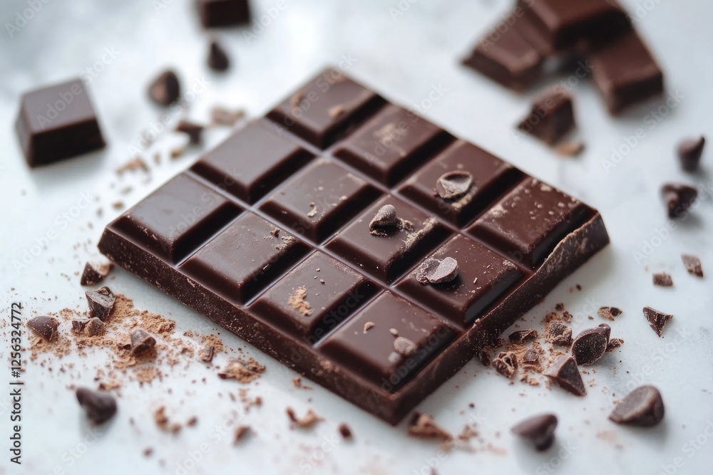 Close-up of a dark chocolate bar with chocolate chips and cocoa powder, creating a tempting image of indulgence Close-up of a dark chocolate bar with chocolate chips and cocoa powder, creating a tempting image of indulgence