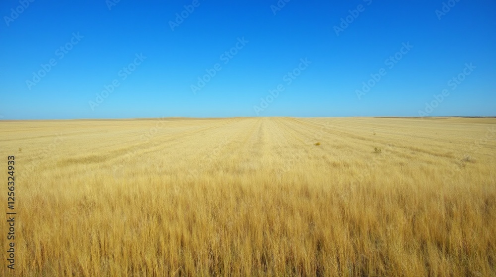 Vast Golden Wheat Field Under Clear Blue Sky in Summer Day Vast Golden Wheat Field Under Clear Blue Sky in Summer Day
