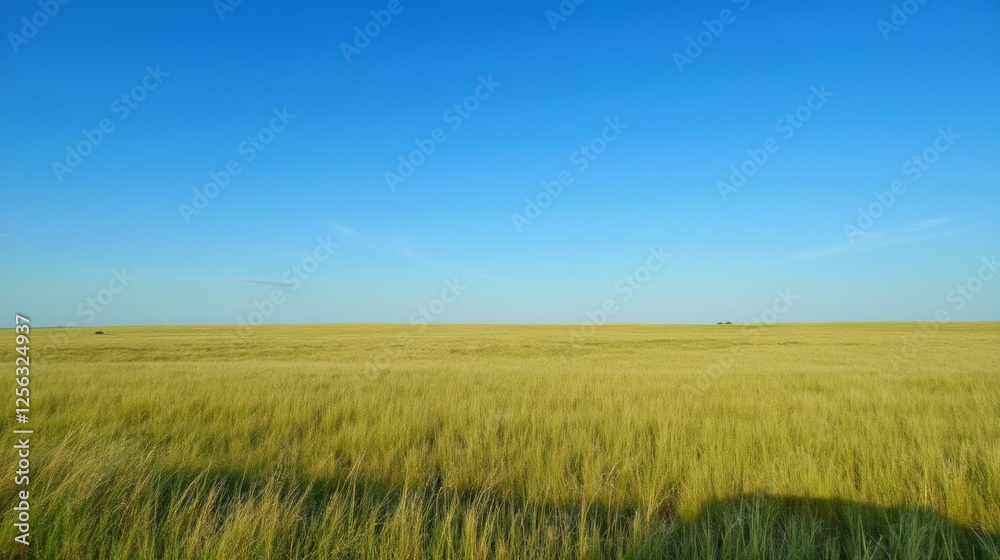 Expansive Golden Grassland Under Clear Blue Sky with Horizon View Expansive Golden Grassland Under Clear Blue Sky with Horizon View
