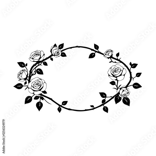 Oval-shaped Floral Frame: Black and White Silhouette of Rose Vine with Flowers and Leaves
