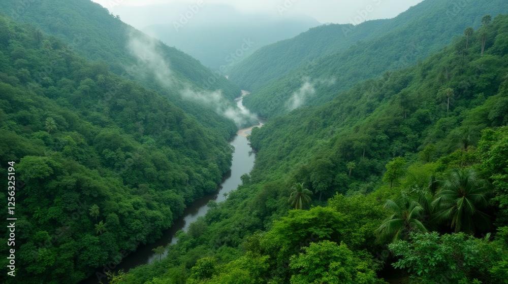 Obraz premium Lush Green Valley with River and Misty Mountains in the Background