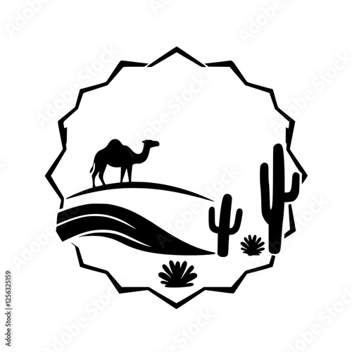 Camel Desert Silhouette: A black and white minimalist representation of a desert landscape.