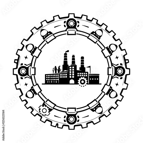 Industrial Factory Silhouette surrounded by a Gear-Shaped Ring, Black & White Illustration