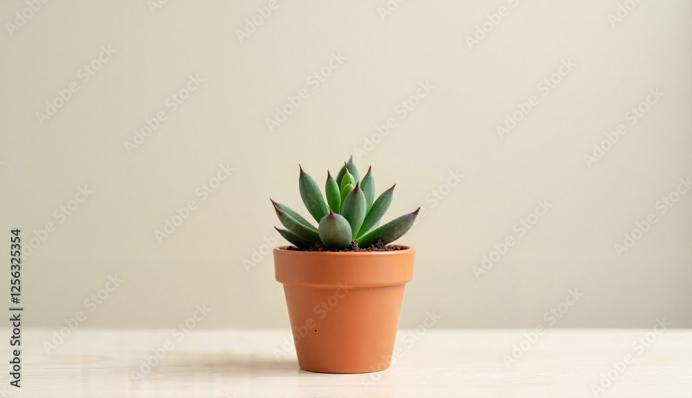 Fototapeta premium Small succulent plant in a clay pot on a wooden surface with soft background and copy space