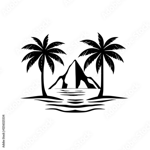 Silhouette of tropical palm trees with a mountain range in the distance and rippling water, black and white minimalist design.