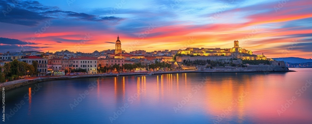 Ibiza old town at sunset with colorful sky and reflections on calm water Ibiza old town at sunset with colorful sky and reflections on calm water