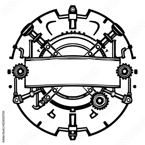 Steampunk-inspired circular diagram with gears, gears, and more gears, with a blank banner for text.