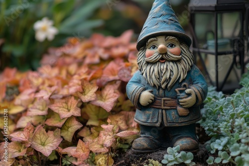Cute garden gnome with blue pointy hat and long white beard holding a lantern, standing in a garden in front of plants