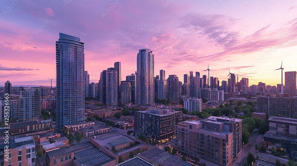 Fototapeta premium Clean energy powers a city skyline at sunset. Solar panels, batteries, and wind turbines provide sustainable power.
