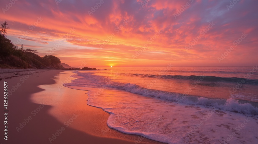 Obraz premium Breathtaking Sunset Over Tranquil Beach with Colorful Sky Reflections