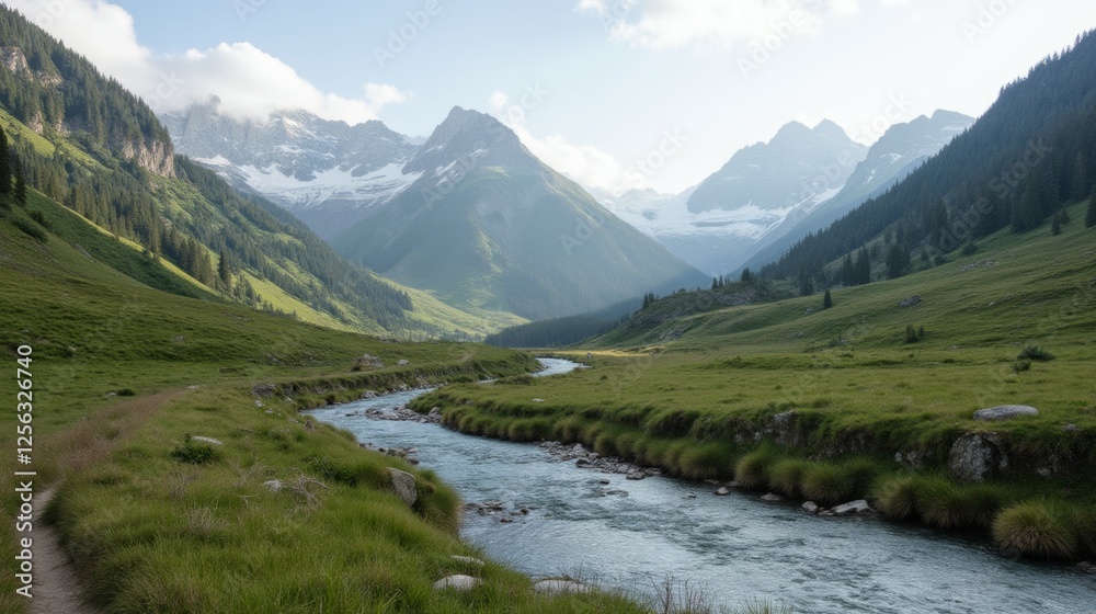 Serene Mountain Valley with Clear Stream and Lush Green Landscape Serene Mountain Valley with Clear Stream and Lush Green Landscape