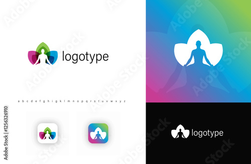 Yoga meditation logo featuring human silhouette in lotus pose, symbolizing balance, mindfulness, and harmony. Perfect for wellness, spa, holistic health, and self-care branding. Vector illustration.