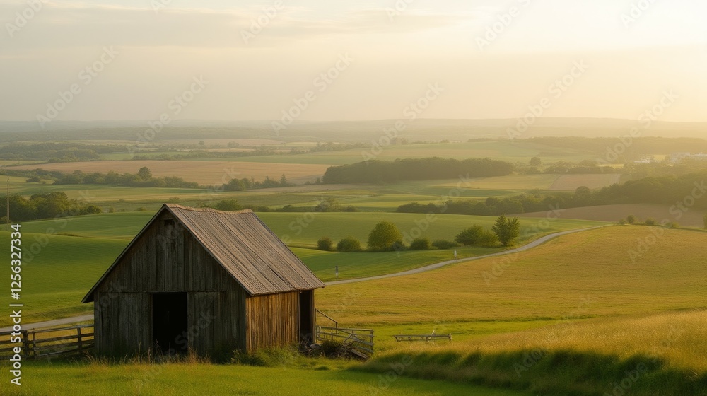 Serene countryside landscape with a rustic barn at sunset Serene countryside landscape with a rustic barn at sunset