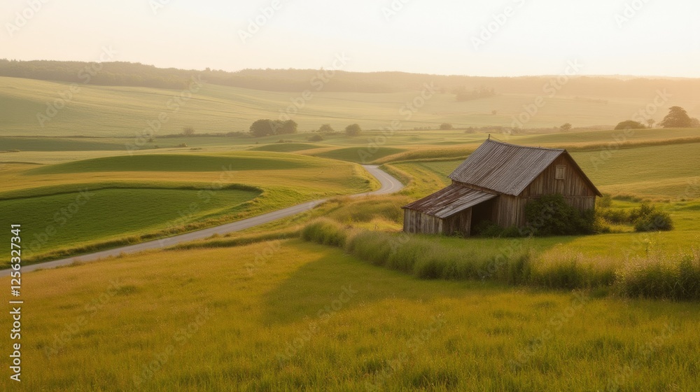 Rustic Barn Surrounded by Lush Green Fields Under Sunset Glow Rustic Barn Surrounded by Lush Green Fields Under Sunset Glow