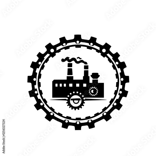 Factory Icon: Black and white illustration of a factory silhouette with a gear-shaped outline, gearwheel centered below.