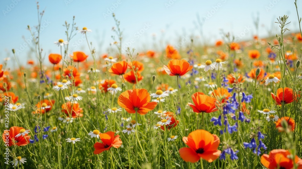 Vibrant Flower Meadow with Orange Poppies and Blue Wildflowers Vibrant Flower Meadow with Orange Poppies and Blue Wildflowers