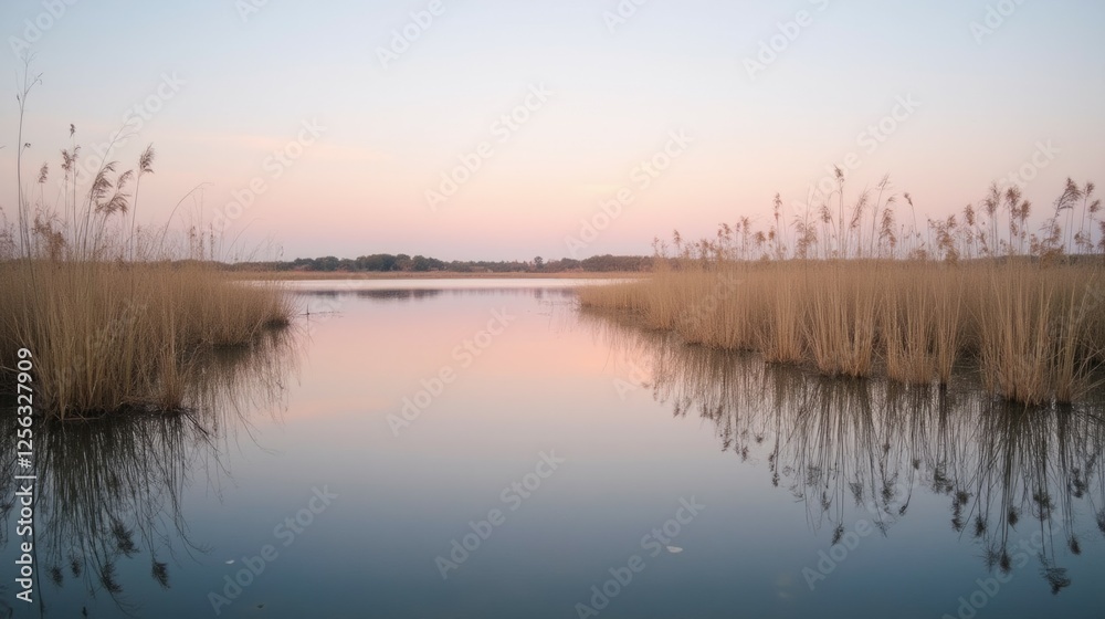 Serene Marsh Landscape with Reeds and Calm Water at Dusk Serene Marsh Landscape with Reeds and Calm Water at Dusk