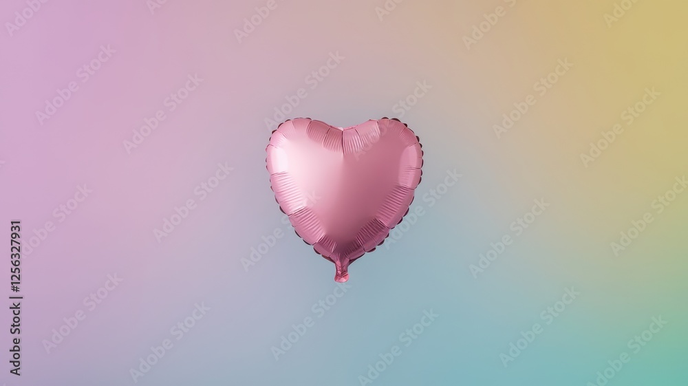 Fototapeta premium A shiny pink heart-shaped balloon floats against a dreamy pastel background, evoking feelings of love and joy.