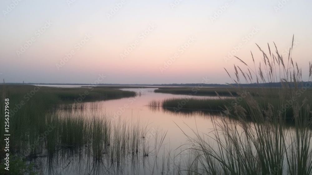 Serene Sunset Over Split Marshlands and Reflective Water Surface Serene Sunset Over Split Marshlands and Reflective Water Surface