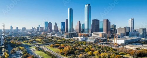 Aerial view of houston skyline in autumn with modern skyscrapers and diverse architecture