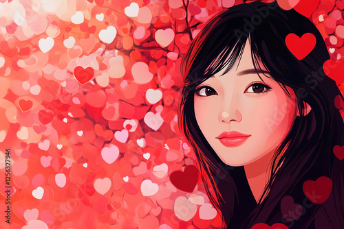 Illustration of a beautiful Asian girl - Valentine's Day concept.