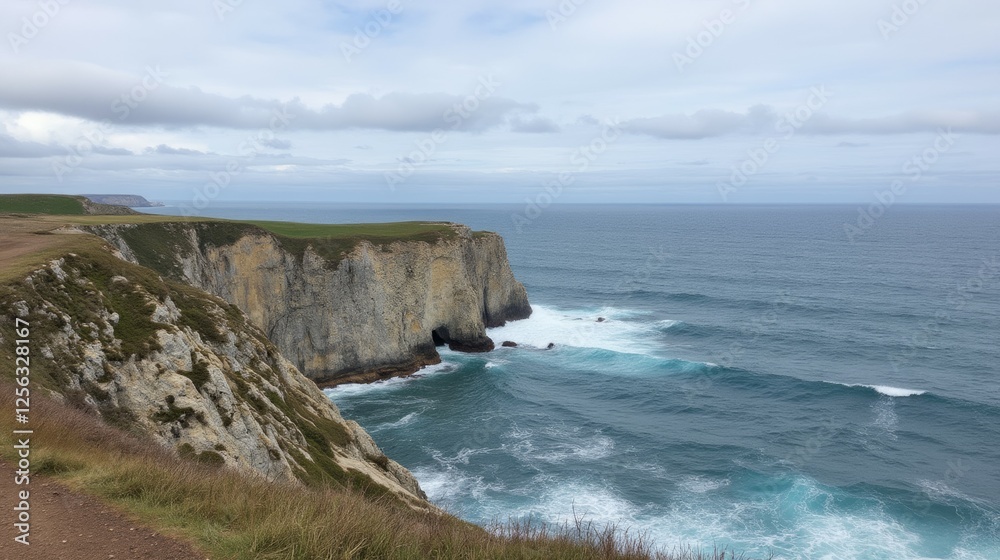 Stunning Coastal Landscape with Cliffs and Waves under a Cloudy Sky Stunning Coastal Landscape with Cliffs and Waves under a Cloudy Sky