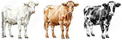 Set of three watercolour illustrations of cows in different colours (brown, white and black-and-white) isolated on a transparent background