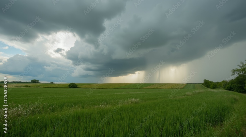 Dramatic Sky Above Lush Green Fields Before Summer Rainfall Dramatic Sky Above Lush Green Fields Before Summer Rainfall