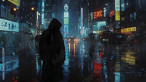 a neon cyberpunk city at night, with glowing holograms reflecting on wet streets, futuristic skyscrapers towering