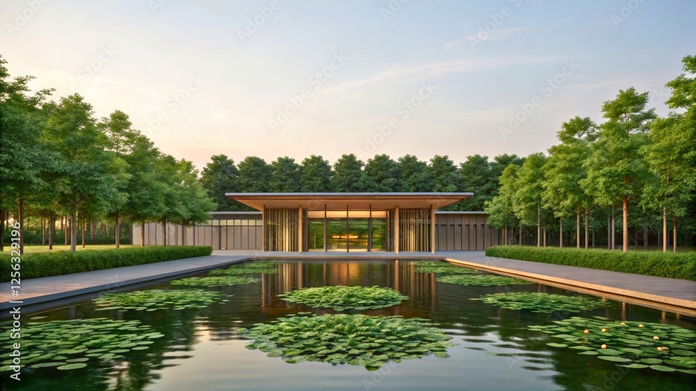 Fototapeta premium Modern Architectural Design of Tranquil Space Surrounded by Lush Greenery and Water Feature