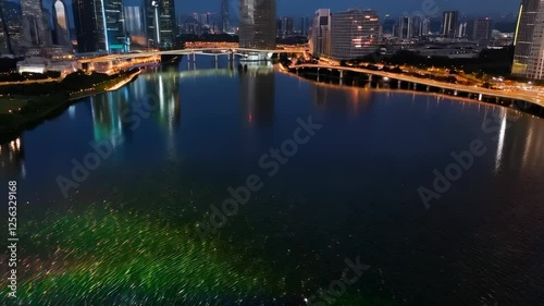 Night Scene of Urban Waterfront with Light Show