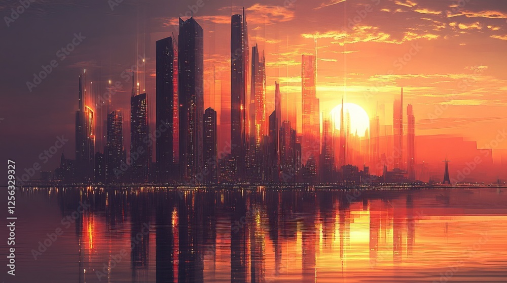 Fototapeta premium Dubai Marina's skyline at sunset, with skyscrapers reflecting the warm glow of the setting sun.