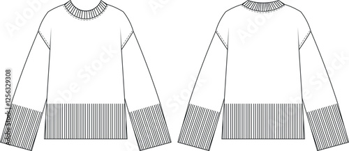 ribbed round neck cuff hem drop shoulder long sleeve loose oversize knitted sweater knitwear template technical drawing flat sketch cad mockup fashion woman design style model 
