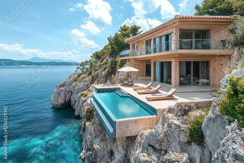 Modern luxury villa with infinity pool perched on a cliff overlooking a beautiful turquoise sea, offering breathtaking ocean views