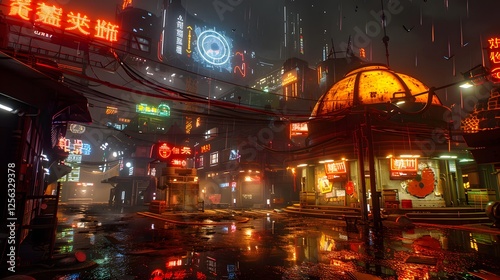 The canvas showcases a neon cyberpunk city at night, with glowing holograms reflecting on wet streets, futuristic skyscrapers towering, and a vibrant dystopian atmosphere