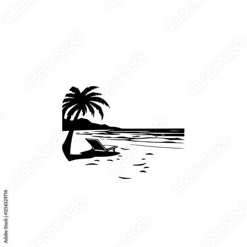 Tropical beach scene, palm tree and a lounge chair silhouette against a white backdrop.