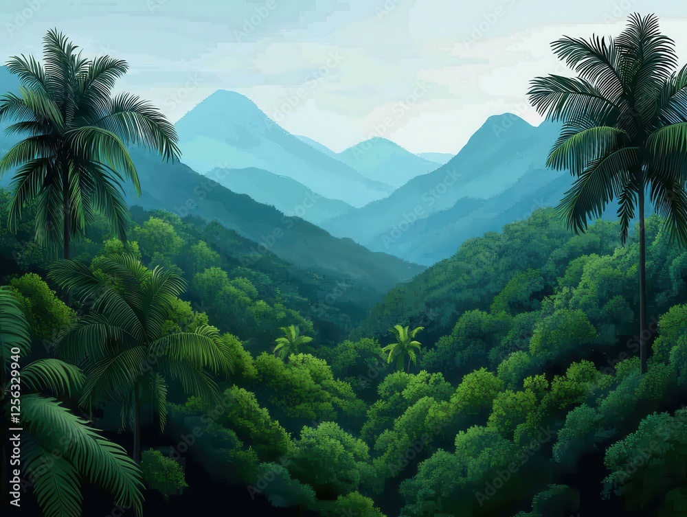 Fototapeta premium A serene landscape featuring lush green mountains, dense forests, and distant peaks under a soft sky, evoking tranquility and natural beauty.