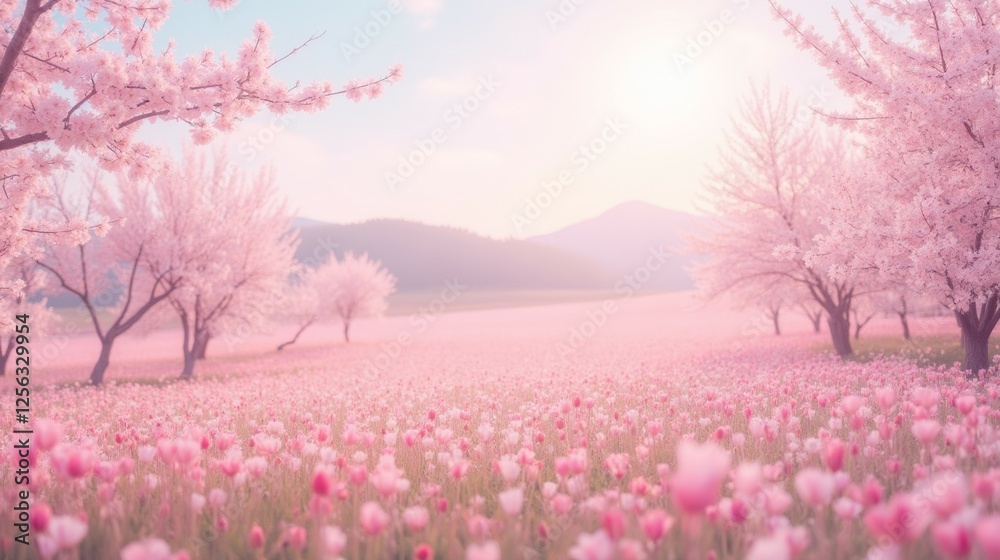Fototapeta premium Serene Spring Landscape With Cherry Blossoms and Tulip Fields