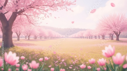 Wallpaper Mural Serene Cherry Blossom Landscape with Pink Petals and Green Grass Torontodigital.ca